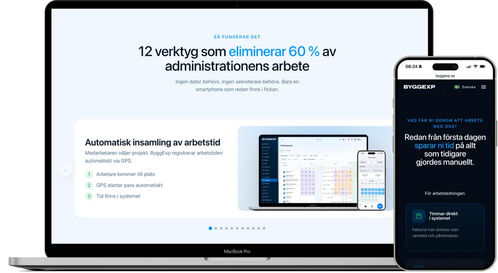 ByggExp – startsidan för SaaS-plattformen som samlar tidsrapportering, projektstyrning och fakturering